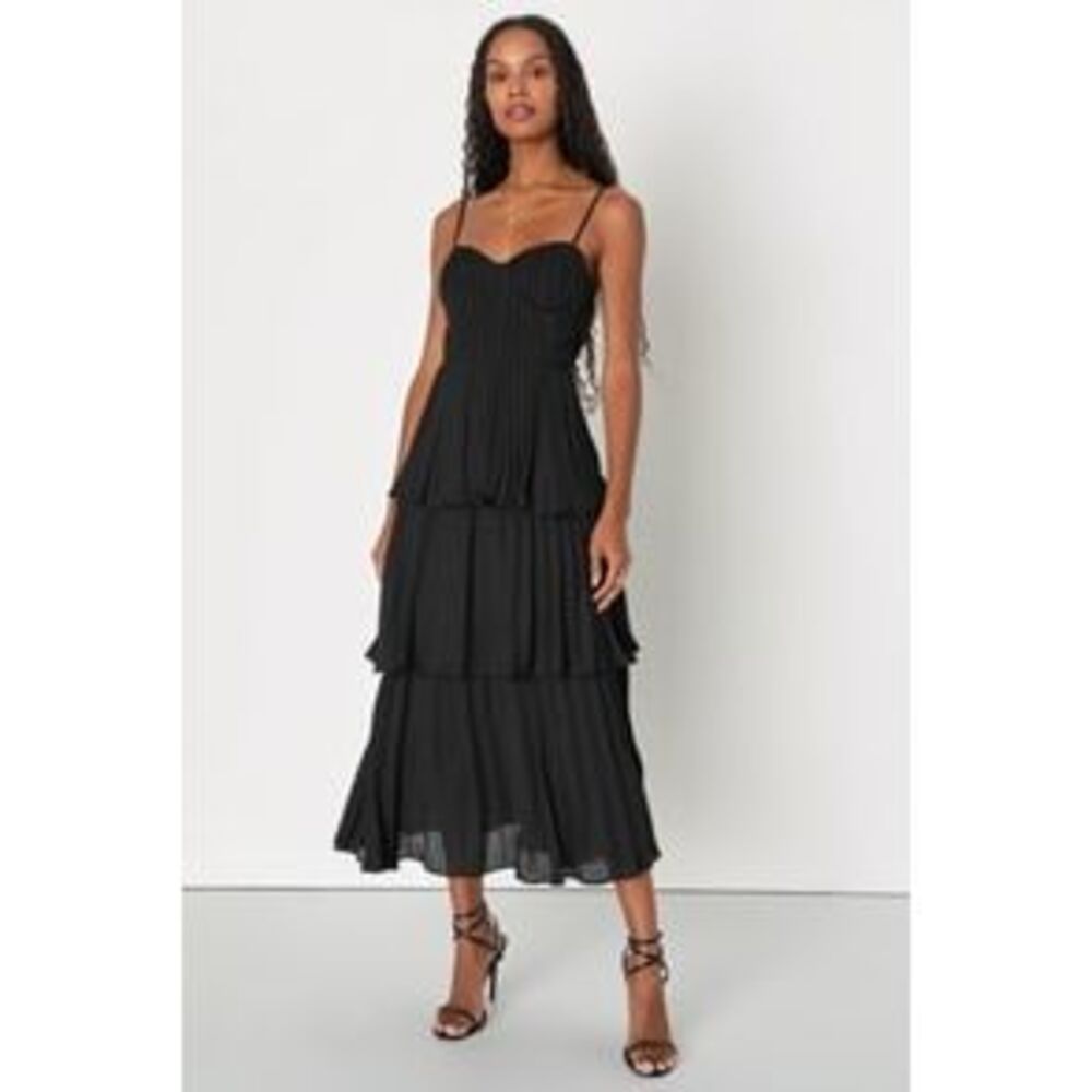 Lulu's Cascading Crush Black Tiered Midi Dress with Spaghetti Straps